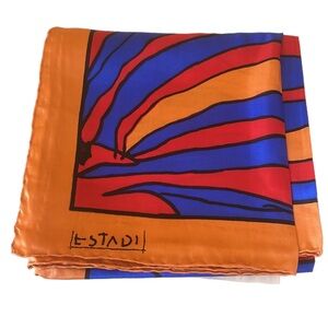 Estadi 100% Silk Twill Orange Red Blue Abstract Print Scarf Hand Rolled Hem NEW